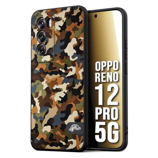 CUSTOMIZZA - Custodia cover nera morbida in tpu compatibile per Oppo Reno 12 PRO 5G camouflage mimetico militare moderno blu marrone beige
