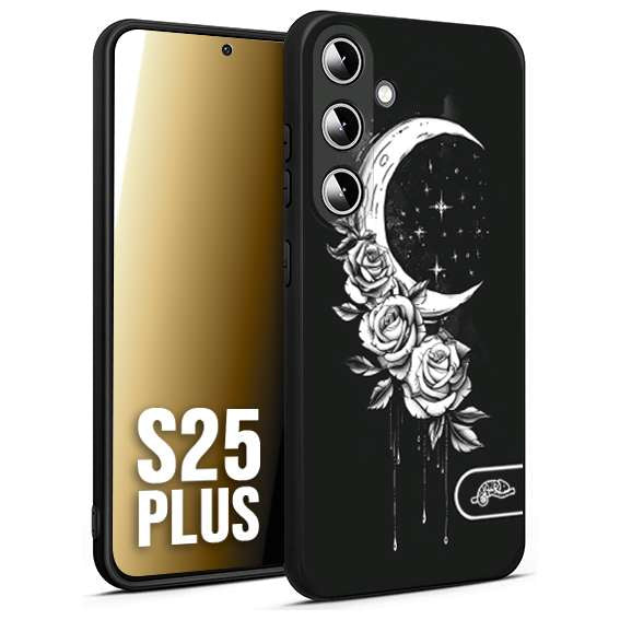 CUSTOMIZZA - Custodia cover nera morbida in tpu compatibile per Samsung S25 PLUS luna e fiori moon flowers black and white bianco a rilievo disegnato
