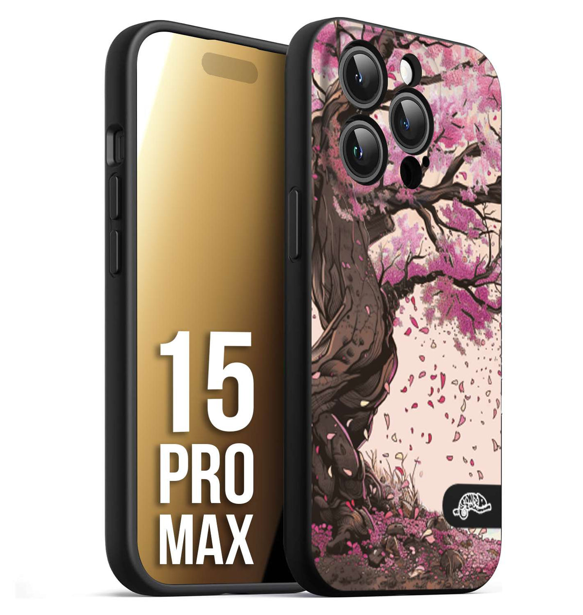 CUSTOMIZZA - Custodia cover nera morbida in tpu compatibile per iPhone 15 PRO MAX giapponese colori morbidi fiori di ciliegio rosa disegnata