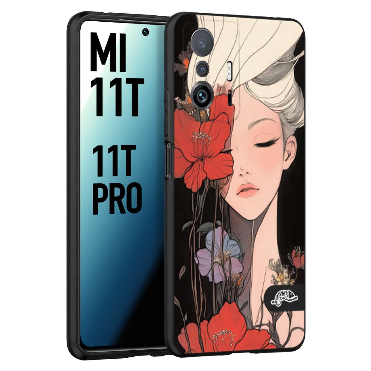 CUSTOMIZZA - Custodia cover nera morbida in tpu compatibile per Xiaomi Mi 11T - Mi 11T PRO woman flower Fantasia Floreale Design Donna e Fiori, Retro Artistico
