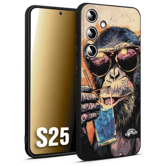 CUSTOMIZZA - Custodia cover nera morbida in tpu compatibile per Samsung S25 estate disegnata cocktails animali simpatici scimmia monkey negroni