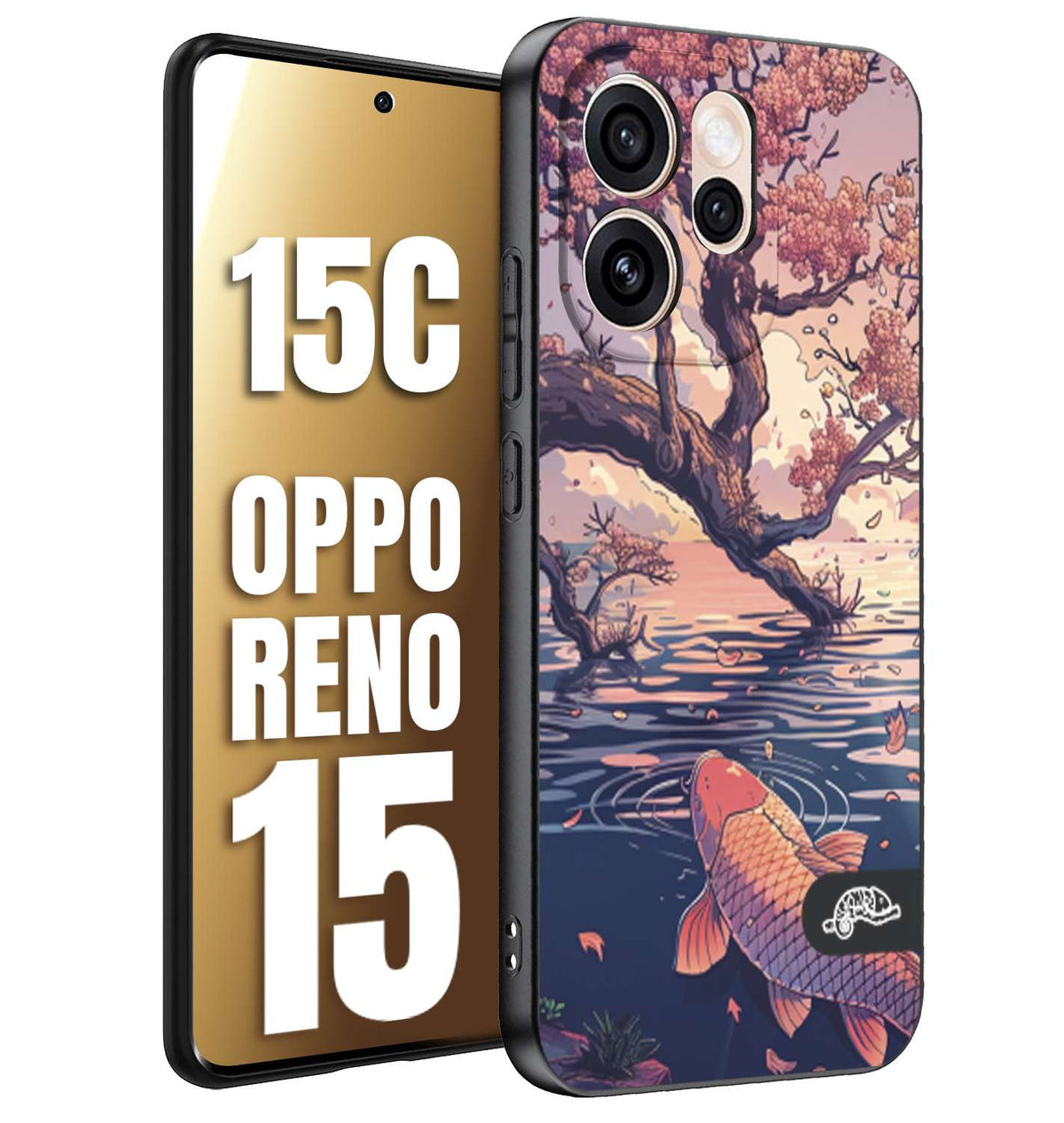 CUSTOMIZZA - Custodia cover nera morbida in tpu compatibile per Oppo Reno 15 - Reno 15Cgiapponese lago carpa koi rosa con foglie d'acero disegnata tattoo