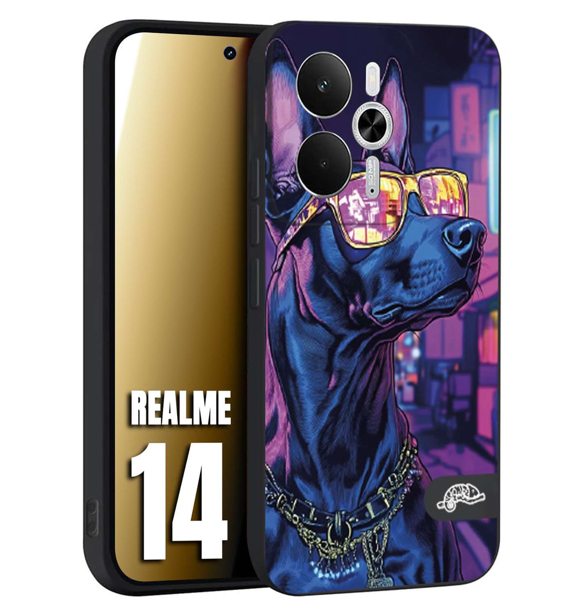 CUSTOMIZZA - Custodia cover nera morbida in tpu compatibile per Realme 14 5G animali cyberpunk dobermann cane street dog fucsia blu night
