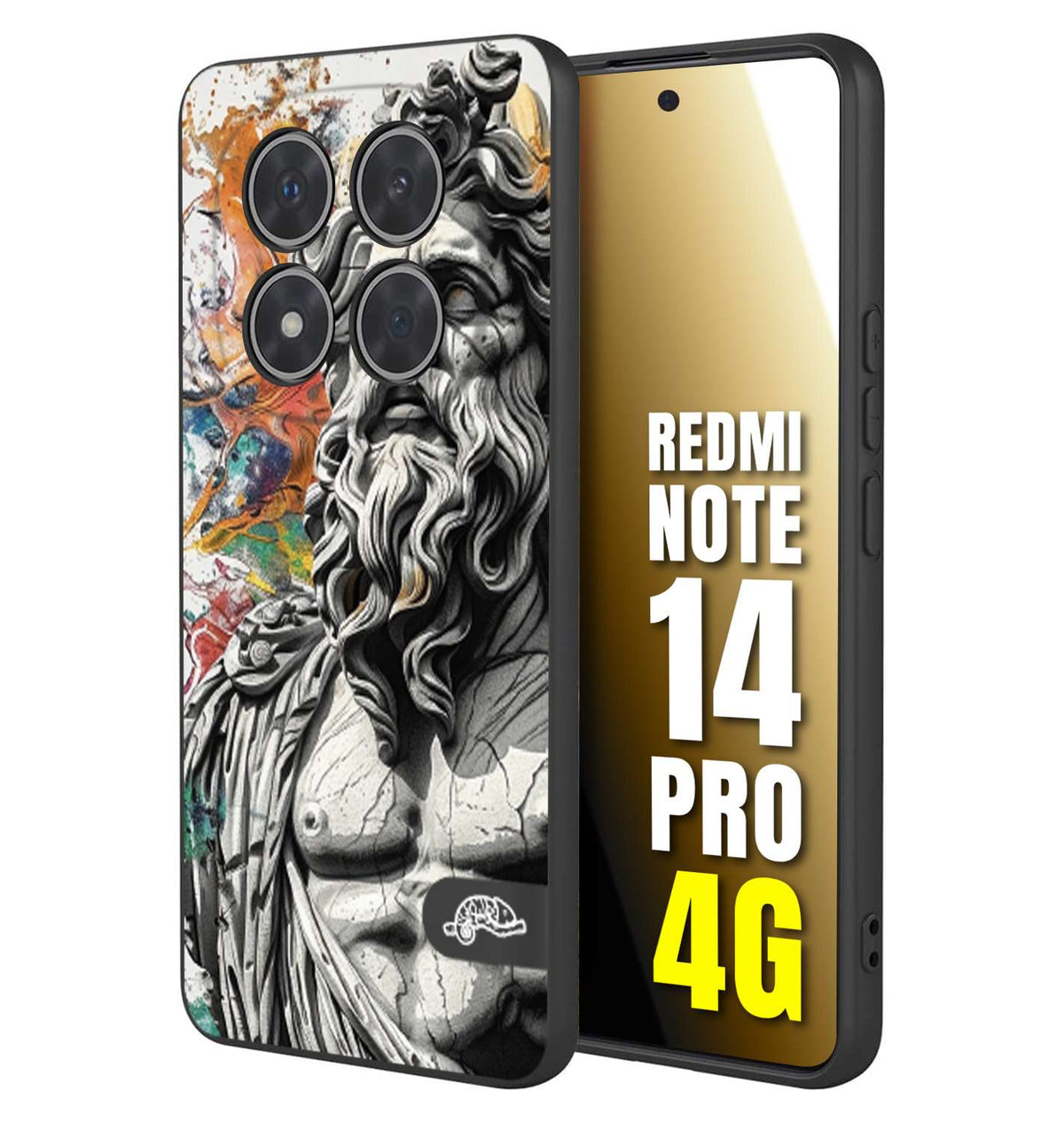 CUSTOMIZZA - Custodia cover nera morbida in tpu compatibile per Xiaomi Redmi Note 14 PRO 4G statua colorata moderna antico tattoo splash color