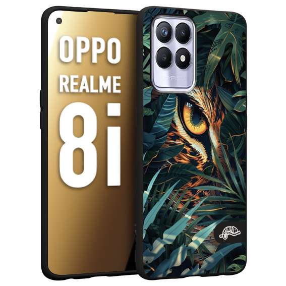 CUSTOMIZZA - Custodia cover nera morbida in tpu compatibile per Realme 8i animali color giungla tropicale occhio di giaguaro felino disegnato
