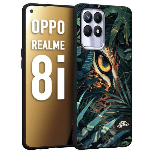 CUSTOMIZZA - Custodia cover nera morbida in tpu compatibile per Realme 8i animali color giungla tropicale occhio di giaguaro felino disegnato