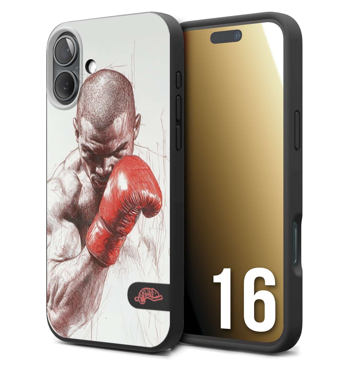 CUSTOMIZZA - Custodia cover nera morbida in tpu compatibile per iPhone 16 pugilato pugili disegno tattoo guantoni box sport primo piano