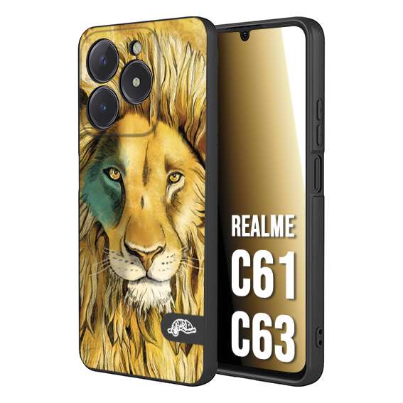 CUSTOMIZZA - Custodia cover nera morbida in tpu compatibile per Realme C61 - C63 leone lion disegnato a mano giallo blu a rilievo artistico brown