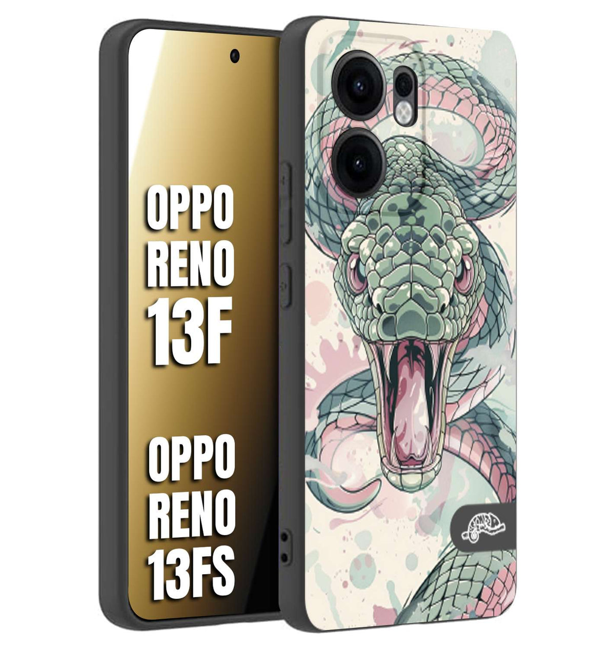 CUSTOMIZZA - Custodia cover nera morbida in tpu compatibile per Oppo Reno 13 F snake pink green serpente tatuaggio tattoo disegnato a mano