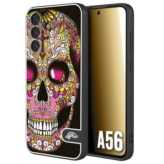 CUSTOMIZZA - Custodia cover nera morbida in tpu compatibile per Samsung A56 5G teschio messicano Mexican skull rosa gialla