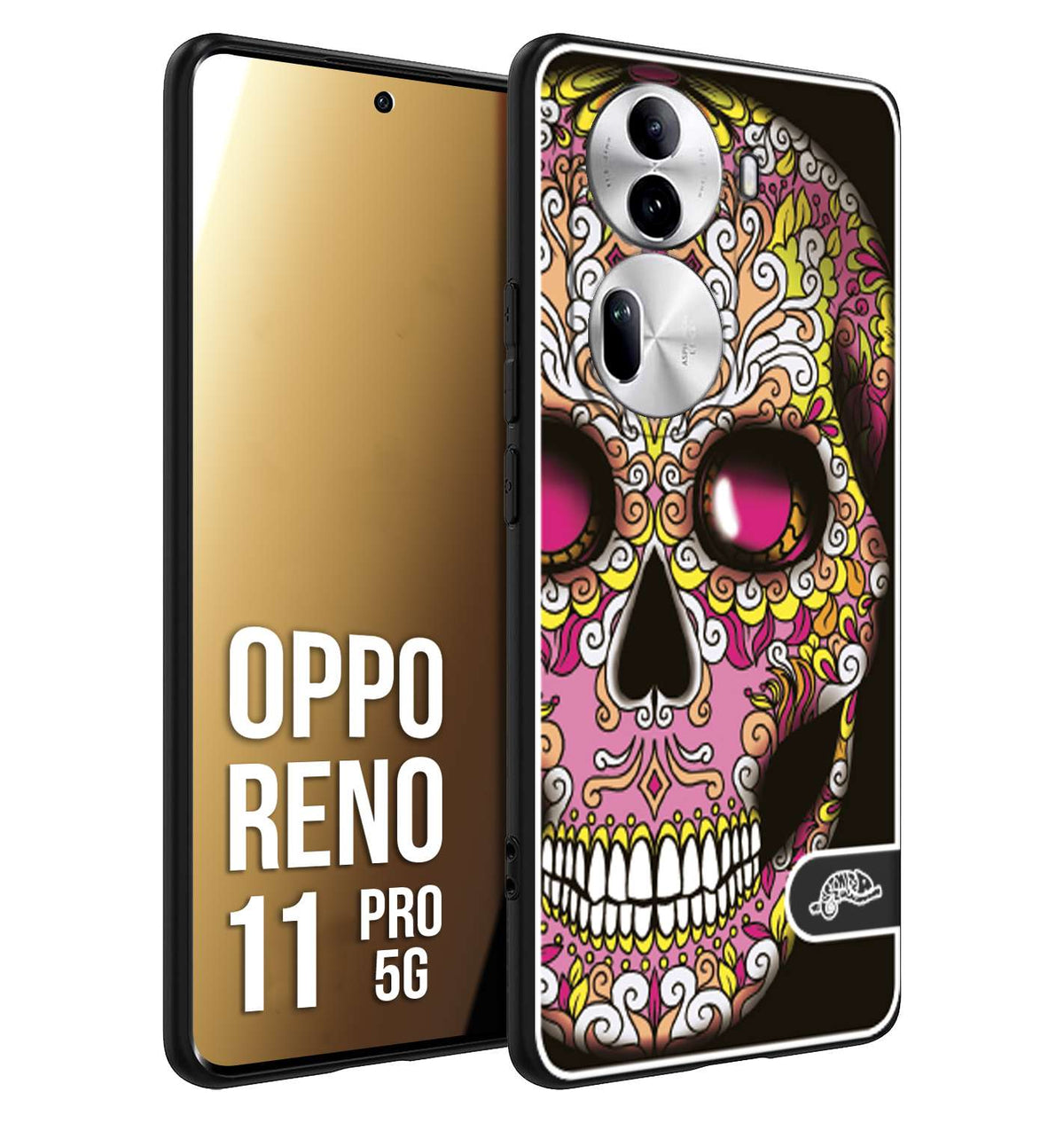 CUSTOMIZZA - Custodia cover nera morbida in tpu compatibile per Oppo Reno 11 PRO 5G teschio messicano Mexican skull rosa gialla