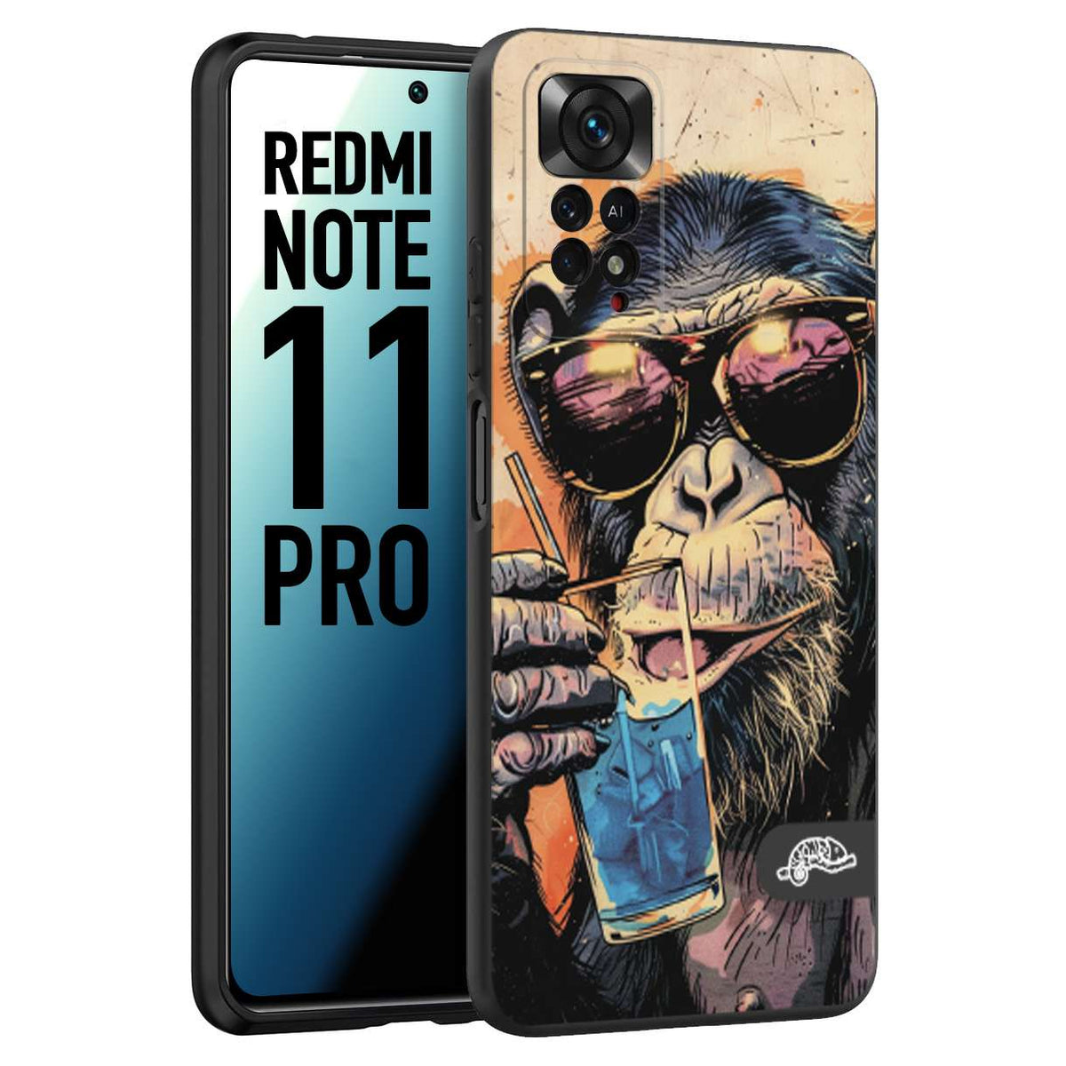 CUSTOMIZZA - Custodia cover nera morbida in tpu compatibile per Xiaomi Redmi Note 11 PRO estate disegnata cocktails animali simpatici scimmia monkey negroni