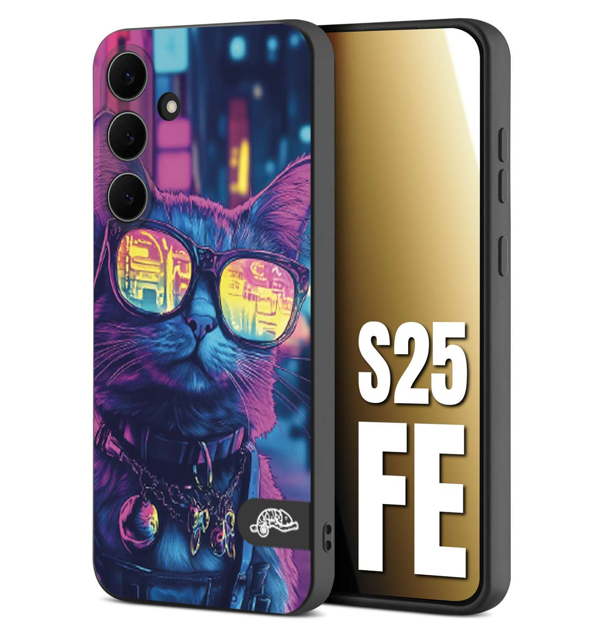 CUSTOMIZZA - Custodia cover nera morbida in tpu compatibile per Samsung S25 FE animali cyberpunk gatto street cat fucsia blu giallo