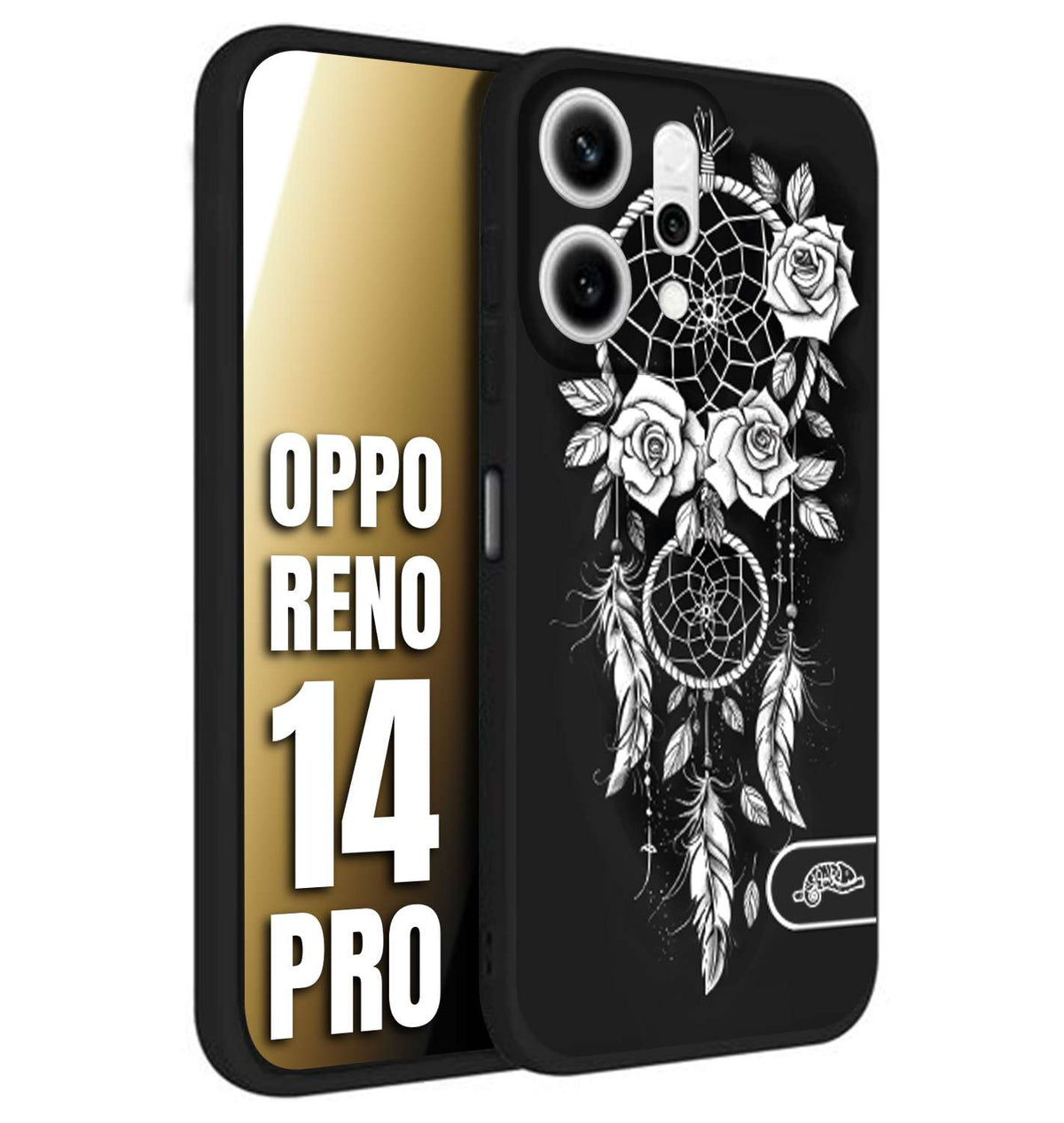 CUSTOMIZZA - Custodia cover nera morbida in tpu compatibile per Oppo Reno 14 PRO acchiappasogni dreamcatcher black and white bianco a rilievo disegnato tattoo tatuaggio