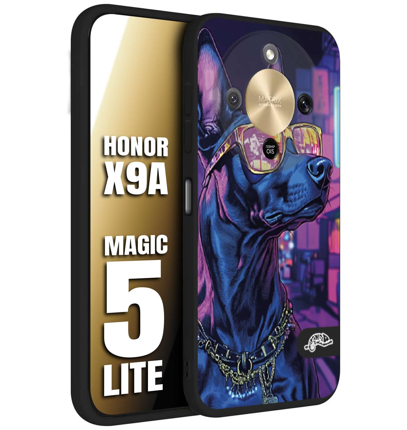 CUSTOMIZZA - Custodia cover nera morbida in tpu compatibile per Honor X9A - Honor Magic 5 Lite animali cyberpunk dobermann cane street dog fucsia blu night