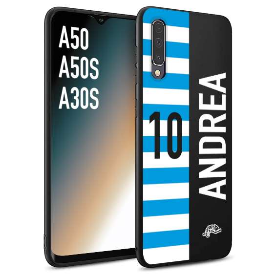 CUSTOMIZZA - Custodia cover nera morbida in tpu compatibile per Samsung A50 - A50S - A30S personalizzata calcio football nome e numero calciatori biancazzurri