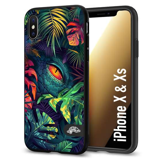 CUSTOMIZZA - Custodia cover nera morbida in tpu compatibile per iPhone X - Xs animali color giungla tropicale occhio di coccodrillo alligatore disegnato