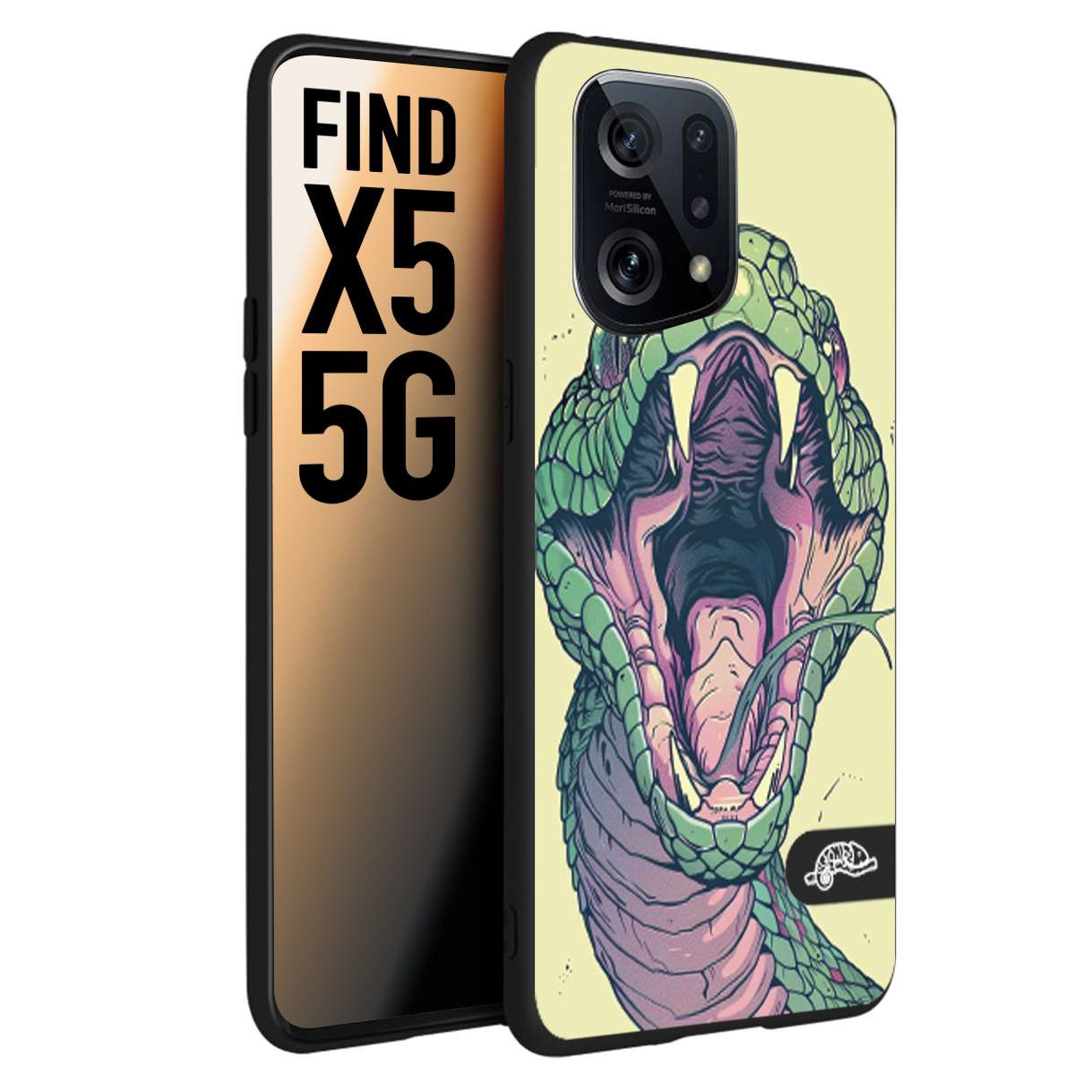 CUSTOMIZZA - Custodia cover nera morbida in tpu compatibile per Oppo Find X5 snake yellow green serpente tatuaggio tattoo disegnato a mano