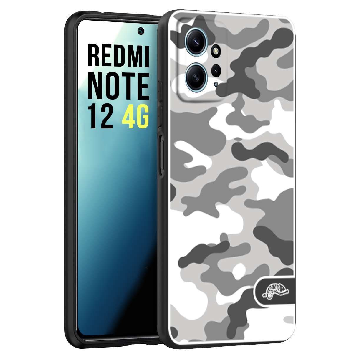 CUSTOMIZZA - Custodia cover nera morbida in tpu compatibile per Xiaomi Redmi Note 12 4G camouflage mimetico militare bianco white