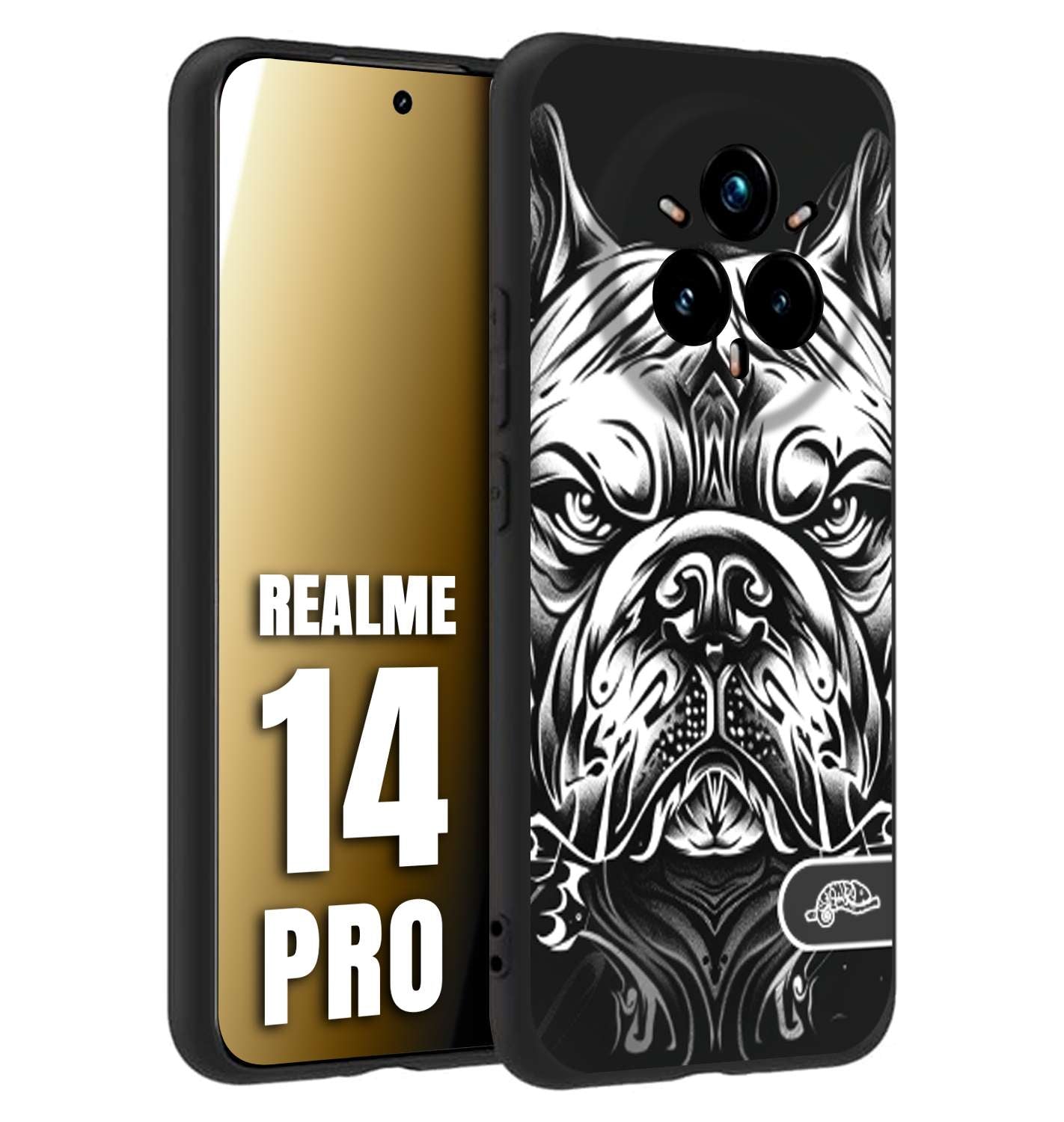 CUSTOMIZZA - Custodia cover nera morbida in tpu compatibile per Realme 14 PRO bulldog bianco a rilievo disegnato tattoo tatuaggio