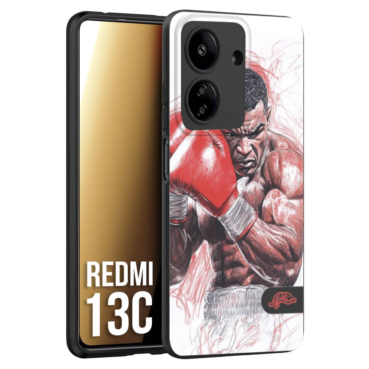 CUSTOMIZZA - Custodia cover nera morbida in tpu compatibile per Xiaomi Redmi 13C pugilato pugili disegno tattoo guantoni boxer pesi massimi iron mike