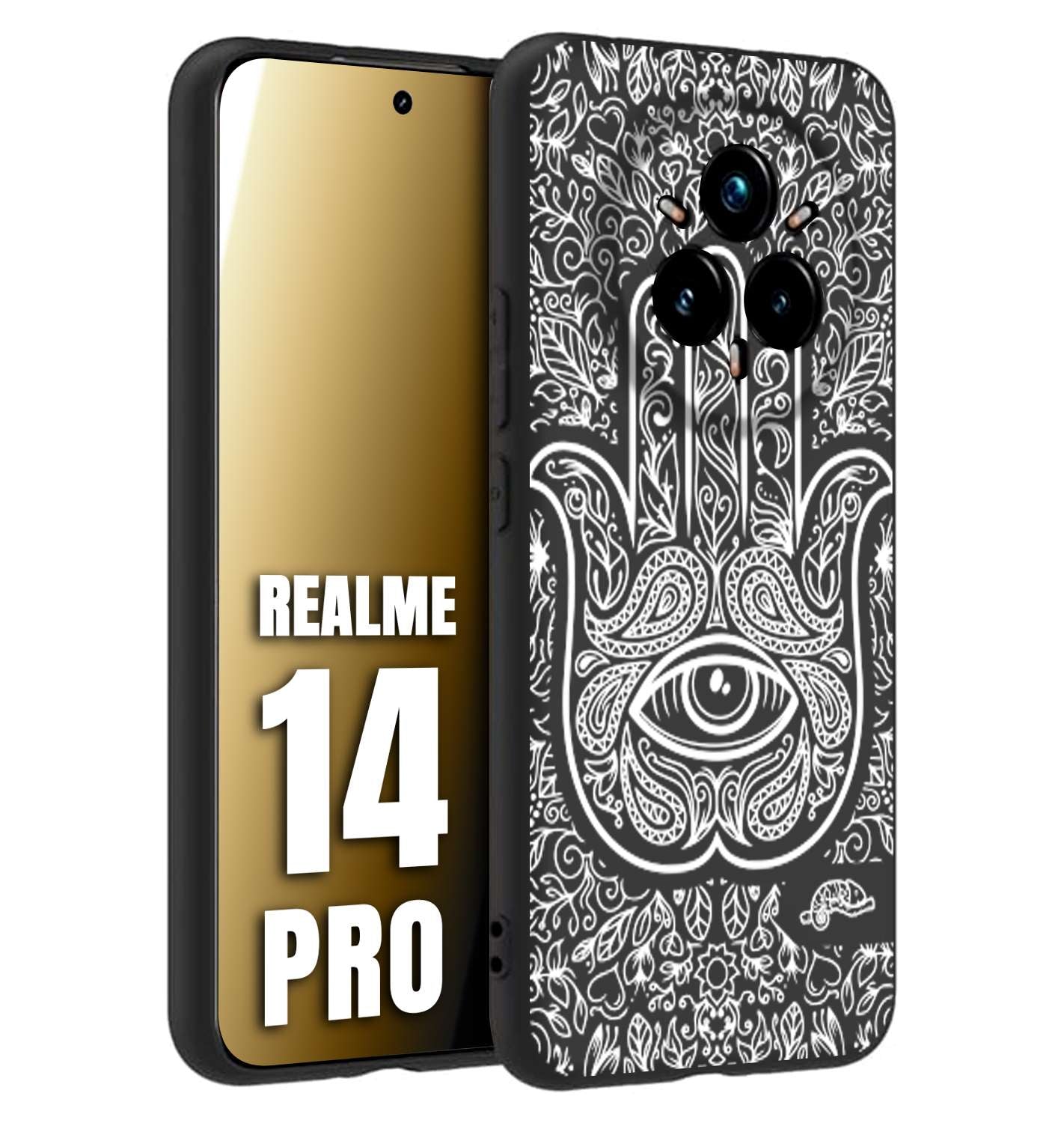 CUSTOMIZZA - Custodia cover nera morbida in tpu compatibile per Realme 14 PRO mano di fatima effetto rilievo mandala donna