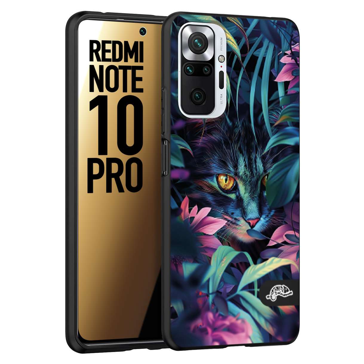 CUSTOMIZZA - Custodia cover nera morbida in tpu compatibile per Xiaomi Redmi Note 10 PRO animali color giungla tropicale occhio di gatto colori vibranti disegnato