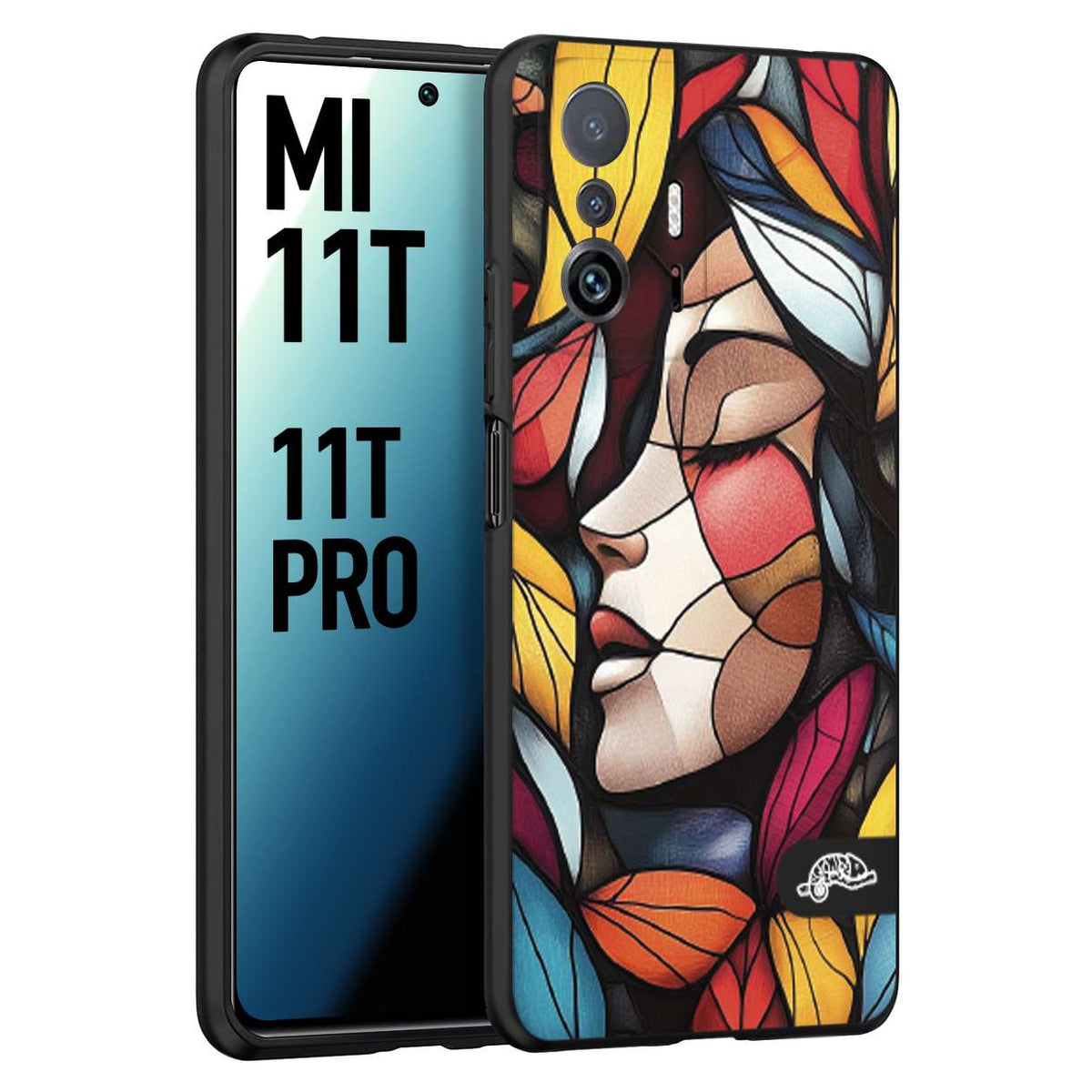 CUSTOMIZZA - Custodia cover nera morbida in tpu compatibile per Xiaomi Mi 11T - Mi 11T PRO Vetrata artistica volto di donna profilo fogliare mosaico di vetro colorato