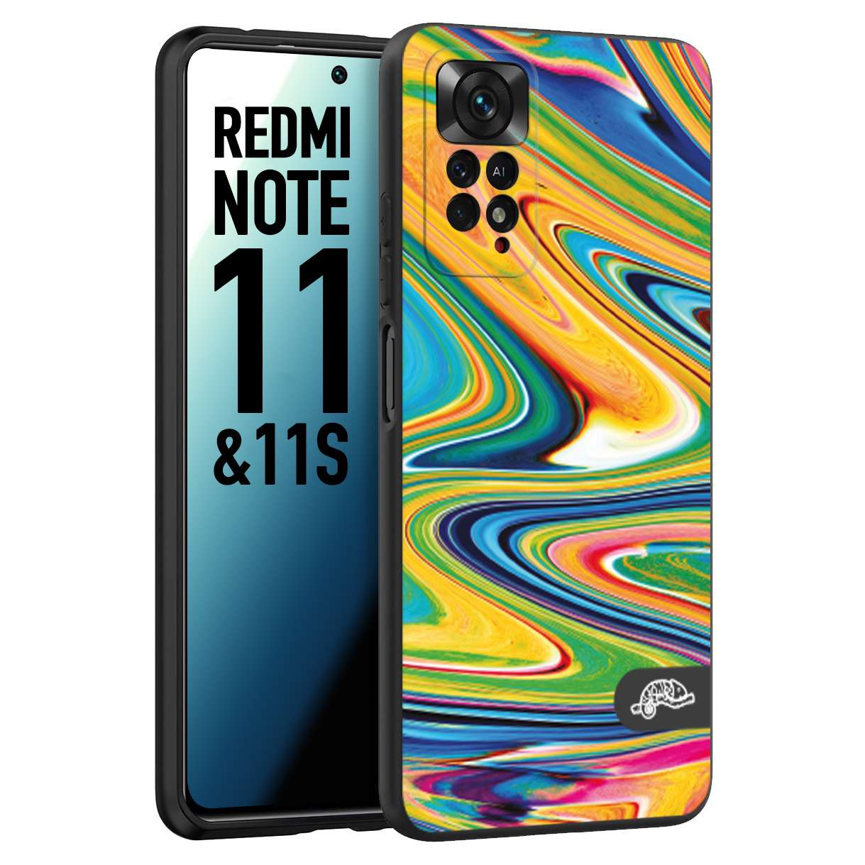 CUSTOMIZZA - Custodia cover nera morbida in tpu compatibile per Xiaomi Redmi Note 11 - Note 11S colorata fantasia vortice marmo arcobaleno gialla verde blu