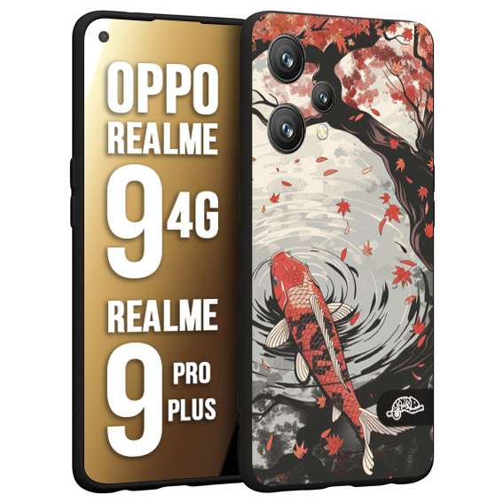 CUSTOMIZZA - Custodia cover nera morbida in tpu compatibile per Realme 9 4G - 9 PRO PLUS giapponese lago carpa koi rossa con foglie d'acero rosso disegnata tattoo
