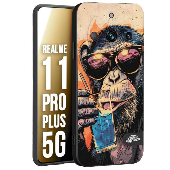 CUSTOMIZZA - Custodia cover nera morbida in tpu compatibile per Oppo Realme 11 PRO PLUS 5G estate disegnata cocktails animali simpatici scimmia monkey negroni
