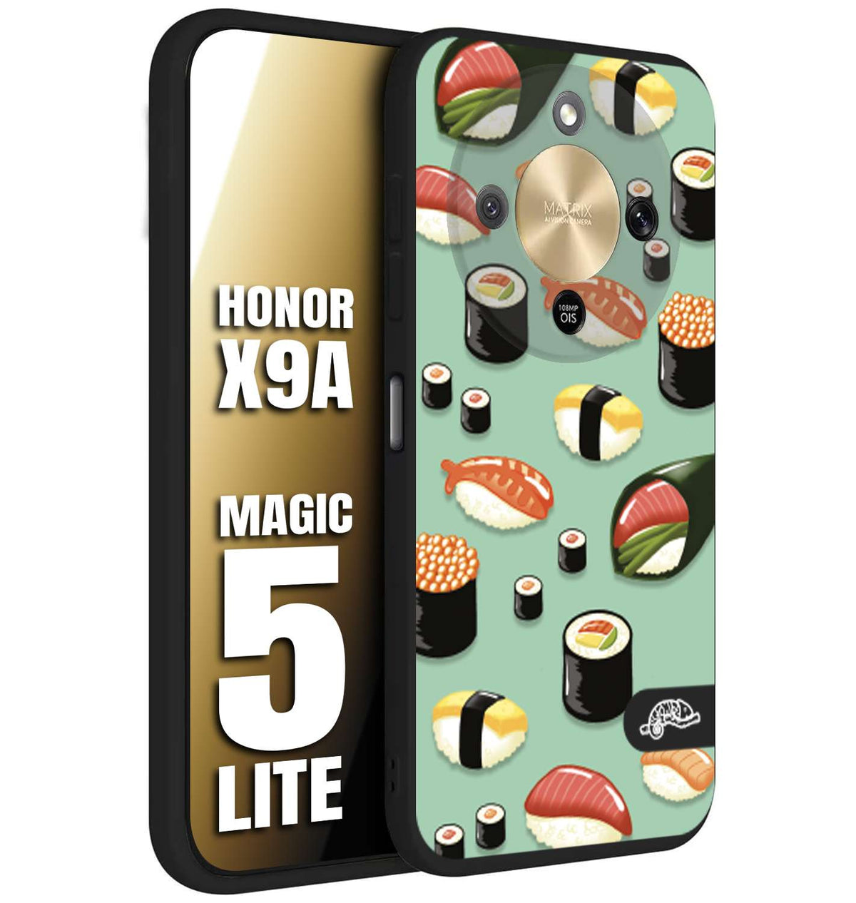 CUSTOMIZZA - Custodia cover nera morbida in tpu compatibile per Honor X9A - Honor Magic 5 Lite sushi disegni giapponese nighiri acquamarina verde