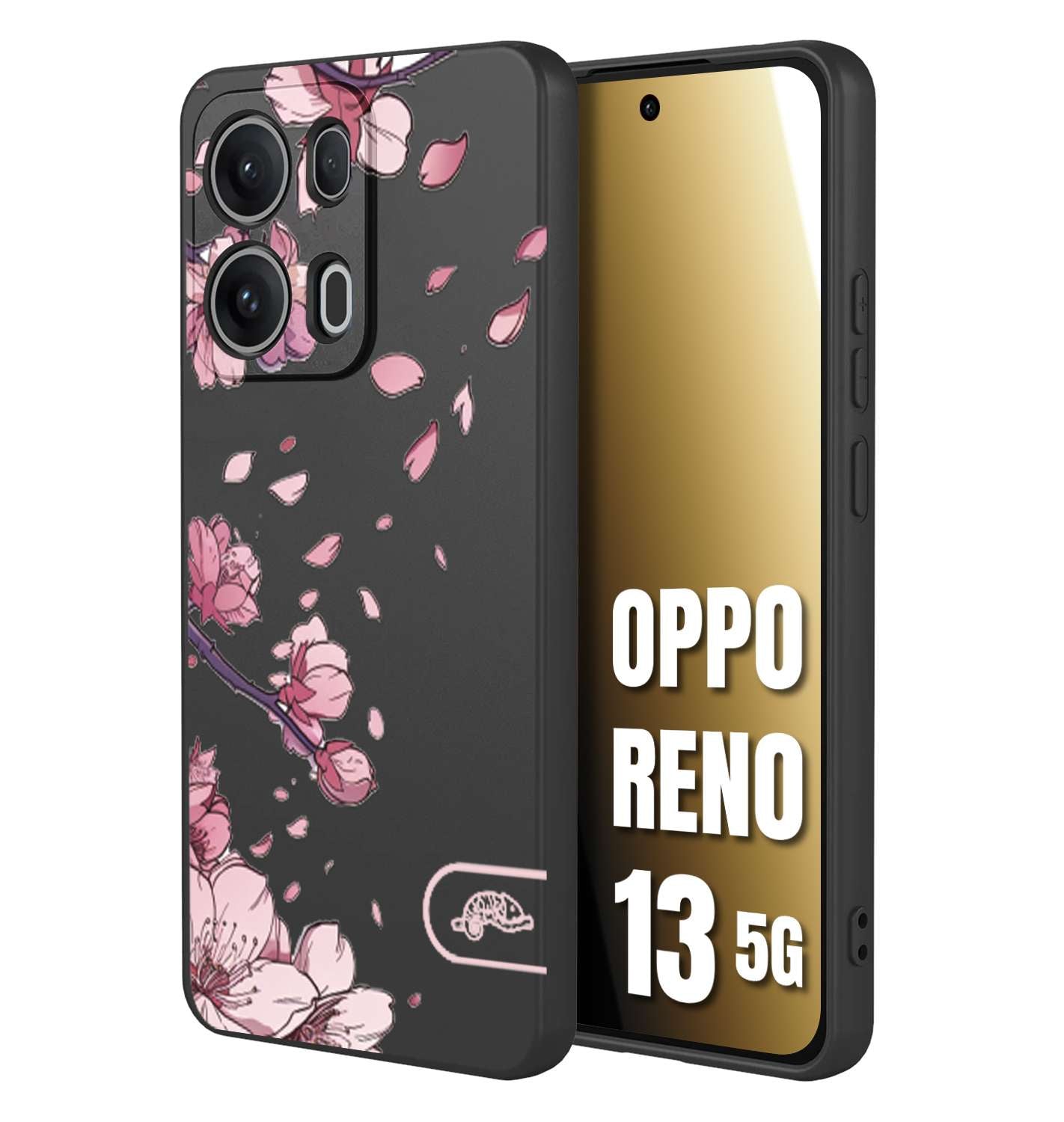 CUSTOMIZZA - Custodia cover nera morbida in tpu compatibile per Oppo Reno 13 5G giapponese fiori di ciliegio in fiore a rilievo disegnata tattoo