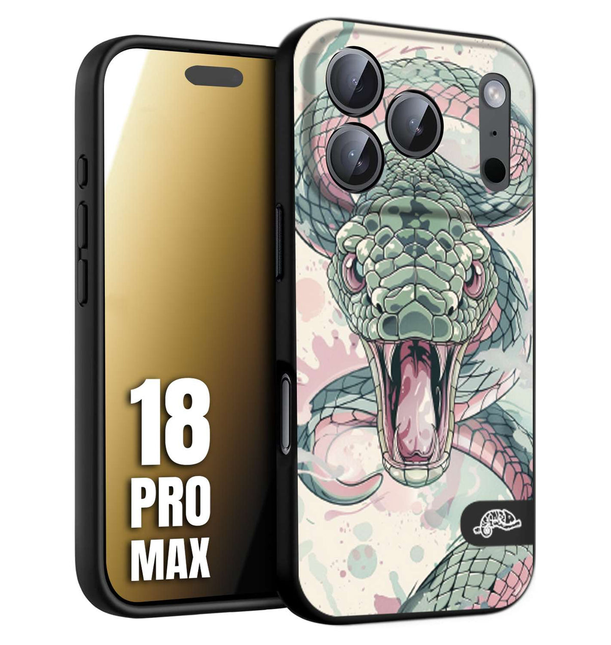 CUSTOMIZZA - Custodia cover nera morbida in tpu compatibile per iPhone 18 PRO MAX snake pink green serpente tatuaggio tattoo disegnato a mano