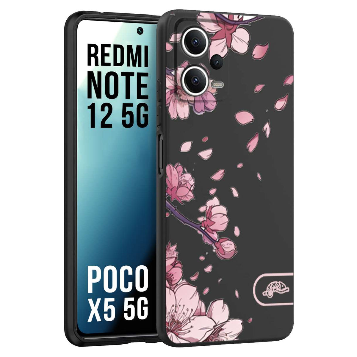 CUSTOMIZZA - Custodia cover nera morbida in tpu compatibile per Xiaomi Redmi Note 12 5G - POCO X5 5G giapponese fiori di ciliegio in fiore a rilievo disegnata tattoo