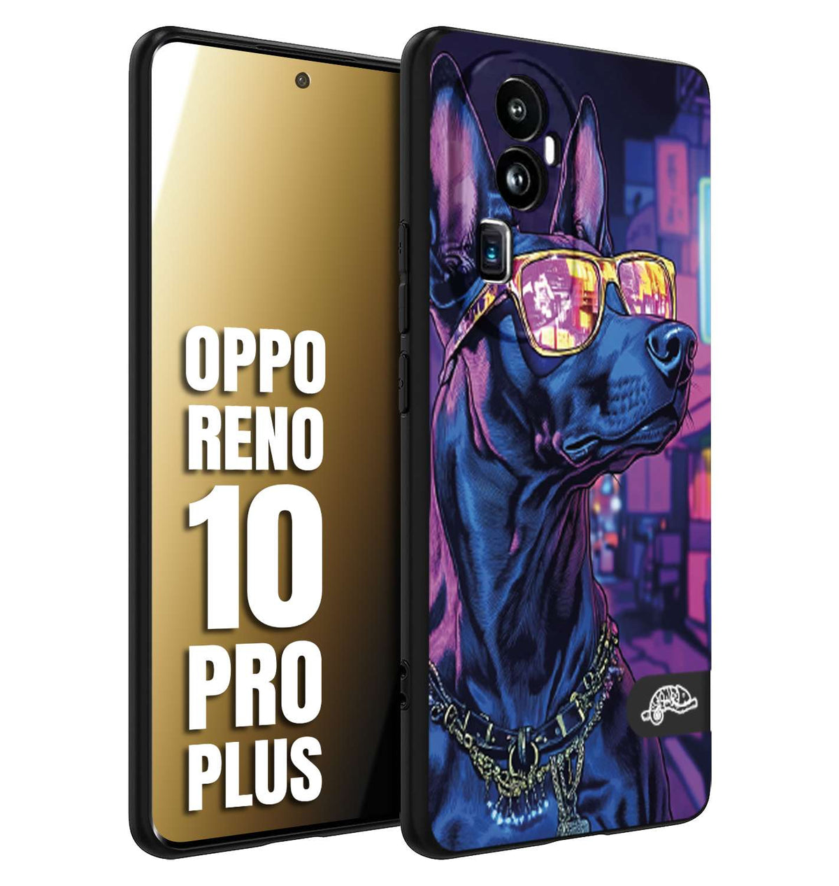 CUSTOMIZZA - Custodia cover nera morbida in tpu compatibile per Oppo Reno 10 PRO PLUS animali cyberpunk dobermann cane street dog fucsia blu night