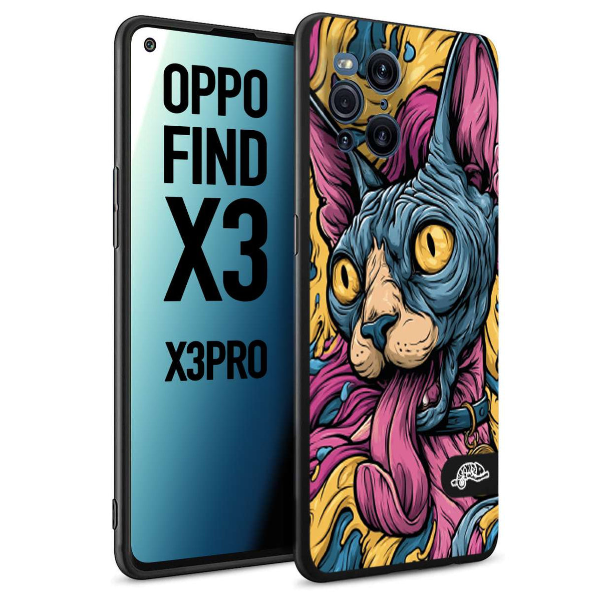 CUSTOMIZZA - Custodia cover nera morbida in tpu compatibile per Oppo Find X3 - Find X3 Pro 5G Sphynx Colorato Pop Art Psichedelico Gatto Blu Rosa Giallo Artistica Fantasy