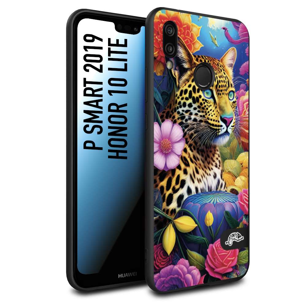 CUSTOMIZZA - Custodia cover nera morbida in tpu compatibile per Huawei P Smart 2019 astratti donna flower fantasia leopardo ghepardo animali colorati