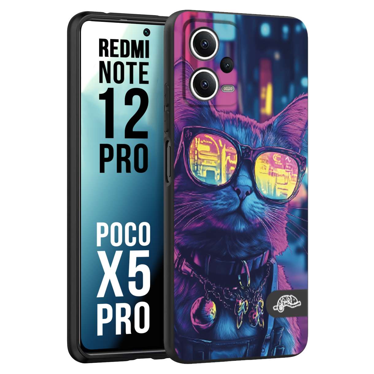 CUSTOMIZZA - Custodia cover nera morbida in tpu compatibile per Xiaomi Redmi Note 12 PRO - POCO X5 PRO animali cyberpunk gatto street cat fucsia blu giallo