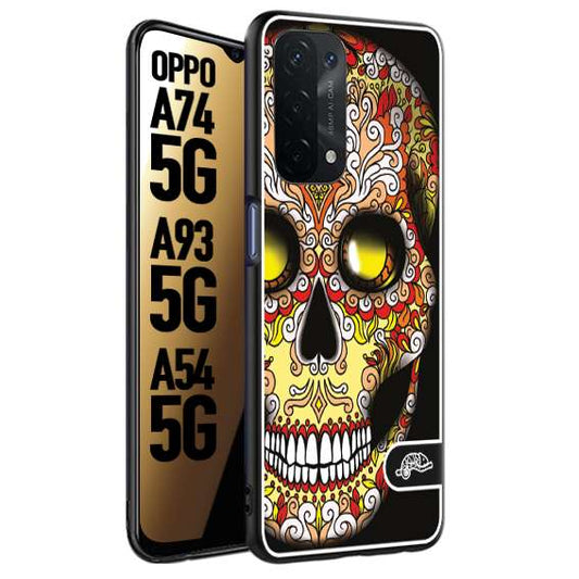 CUSTOMIZZA - Custodia cover nera morbida in tpu compatibile per Oppo A74 5G - A93 5G - A54 5G teschio messicano Mexican skull giallo rosso arancio