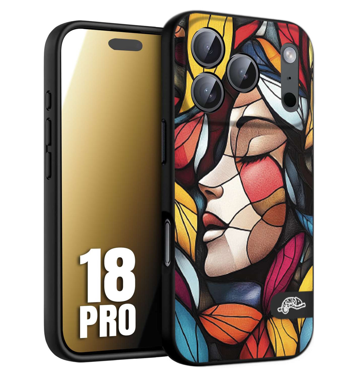 CUSTOMIZZA - Custodia cover nera morbida in tpu compatibile per iPhone 18 PRO Vetrata artistica volto di donna profilo fogliare mosaico di vetro colorato
