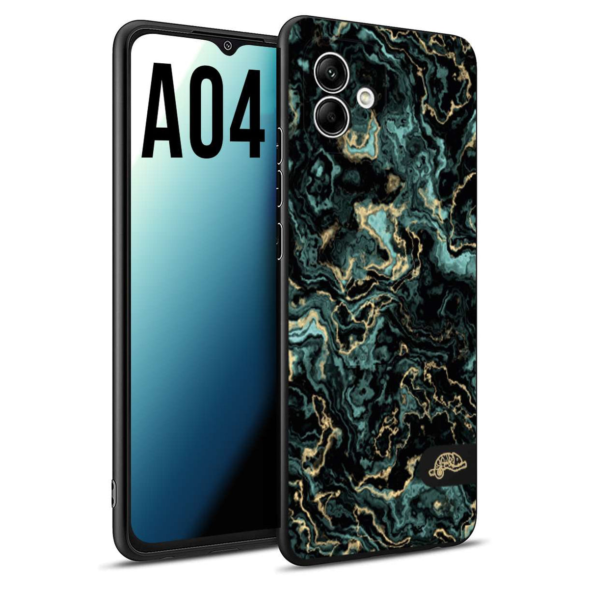 CUSTOMIZZA - Custodia cover nera morbida in tpu compatibile per Samsung A04 effetto marmo marble verde green venature dorato pietra