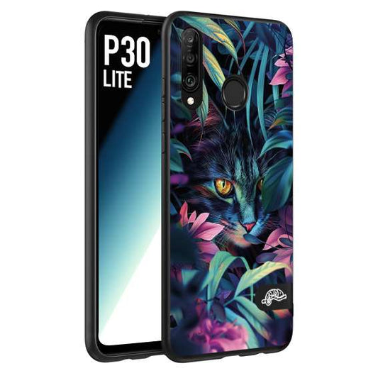 CUSTOMIZZA - Custodia cover nera morbida in tpu compatibile per Huawei P30 LITE animali color giungla tropicale occhio di gatto colori vibranti disegnato
