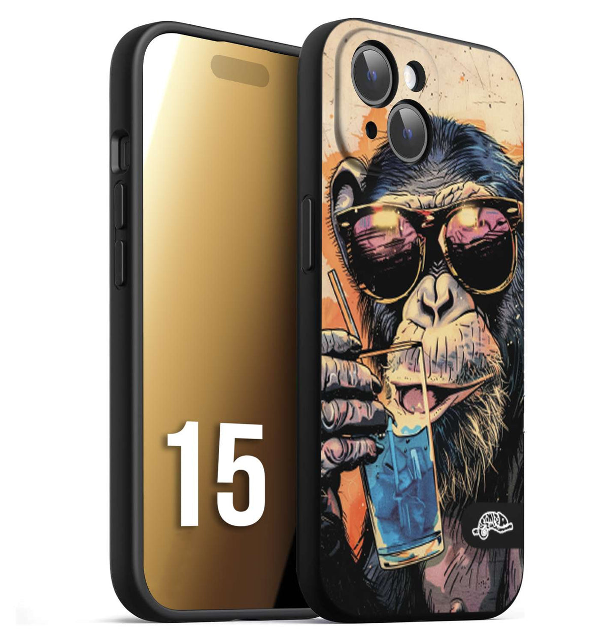 CUSTOMIZZA - Custodia cover nera morbida in tpu compatibile per iPhone 15 estate disegnata cocktails animali simpatici scimmia monkey negroni