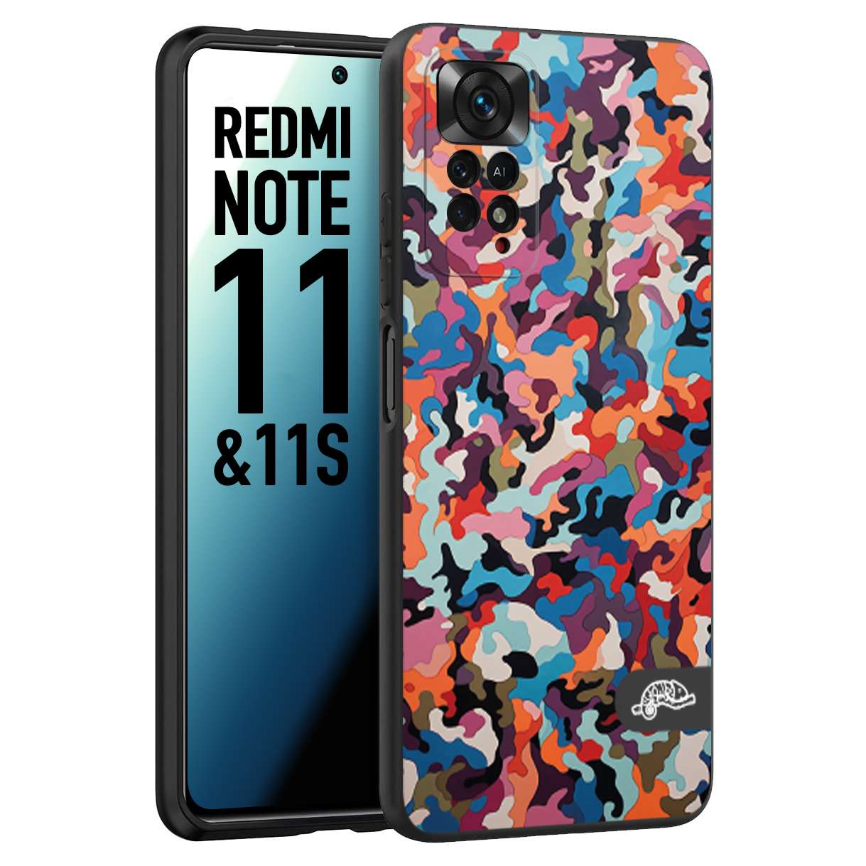 CUSTOMIZZA - Custodia cover nera morbida in tpu compatibile per Xiaomi Redmi Note 11 - Note 11S camouflage mimetico militare moderno blu arancio rosa
