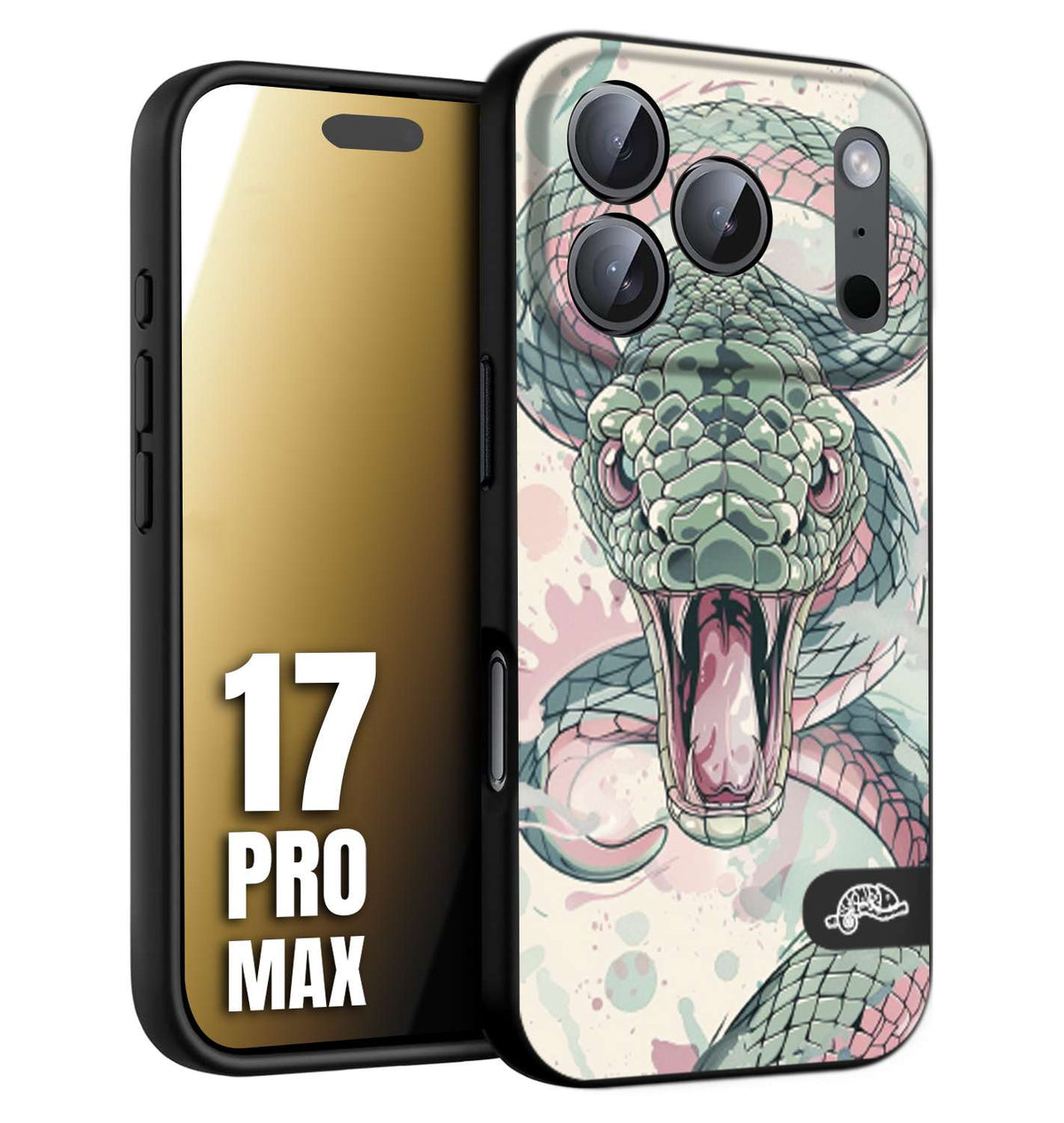 CUSTOMIZZA - Custodia cover nera morbida in tpu compatibile per iPhone 17 PRO MAX snake pink green serpente tatuaggio tattoo disegnato a mano