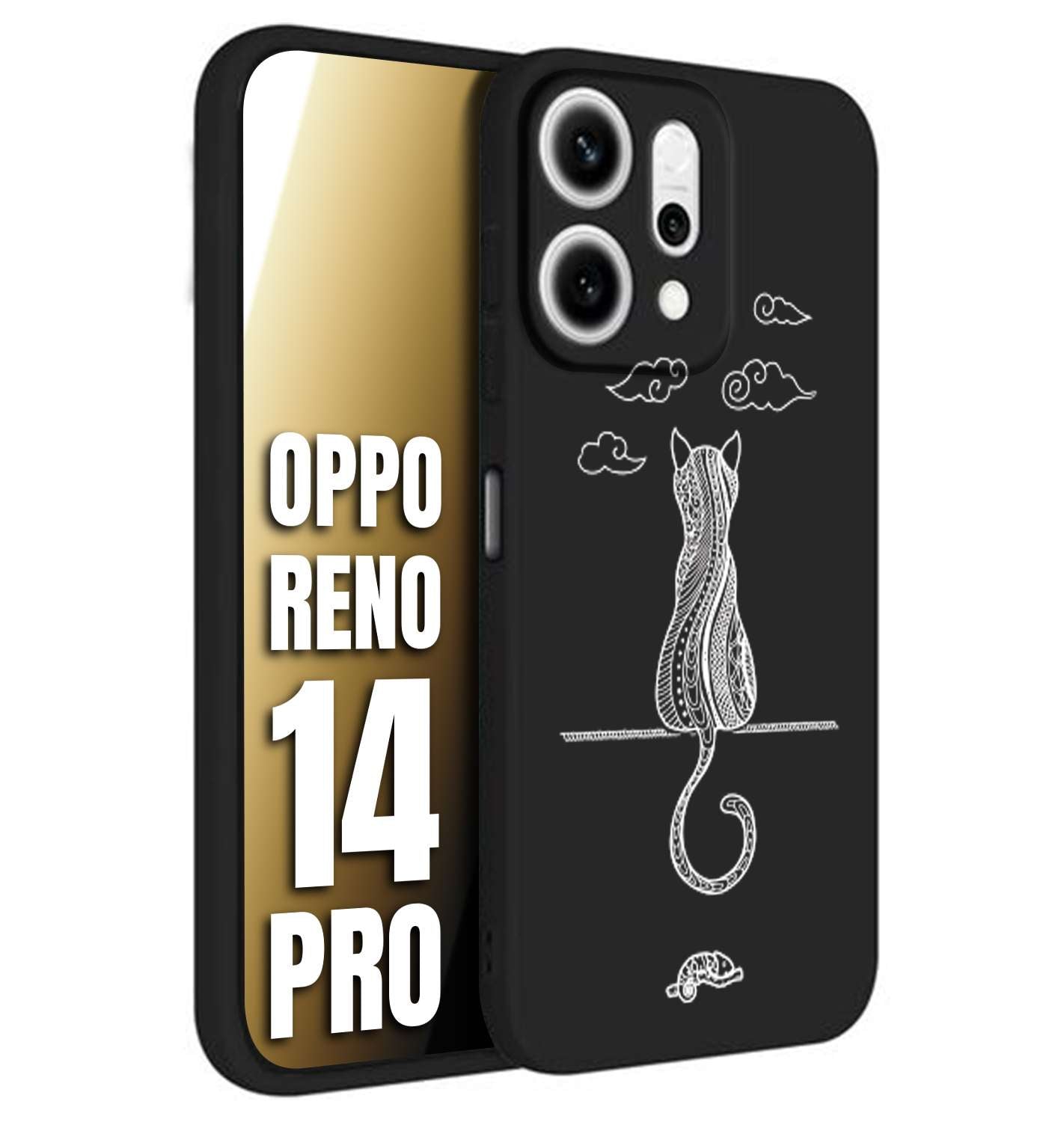 CUSTOMIZZA - Custodia cover nera morbida in tpu compatibile per Oppo Reno 14 PRO gatto mandala stilizzato gattino a rilievo soft touch donna bianca