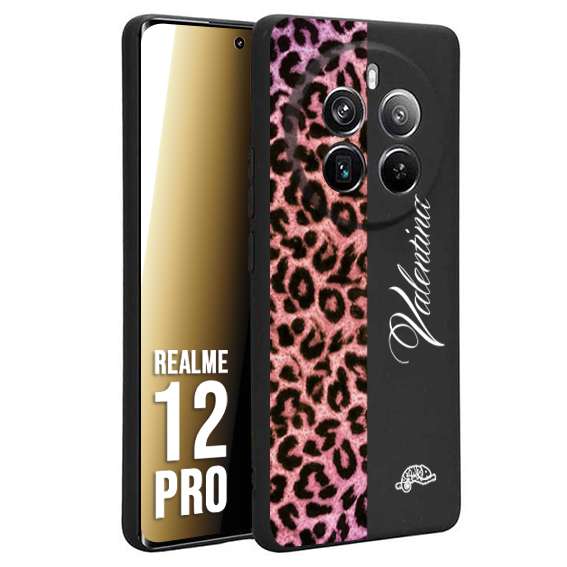 CUSTOMIZZA - Custodia cover nera morbida in tpu compatibile per Realme 12 PRO leopardato rosa fucsia personalizzata nome iniziali