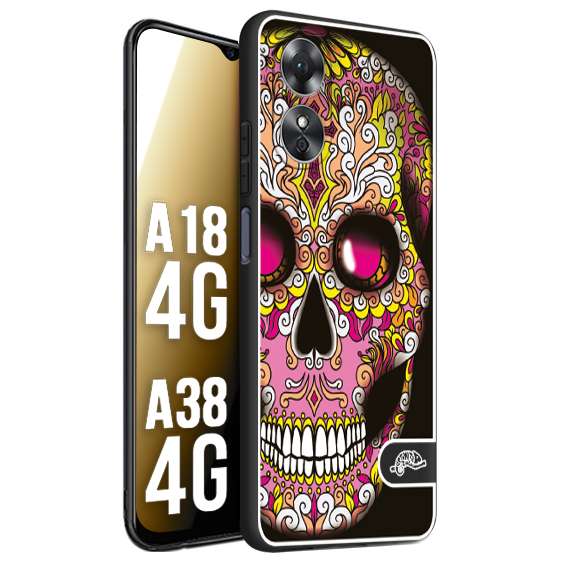 CUSTOMIZZA - Custodia cover nera morbida in tpu compatibile per Oppo A18 4G - A38 4G teschio messicano Mexican skull rosa gialla