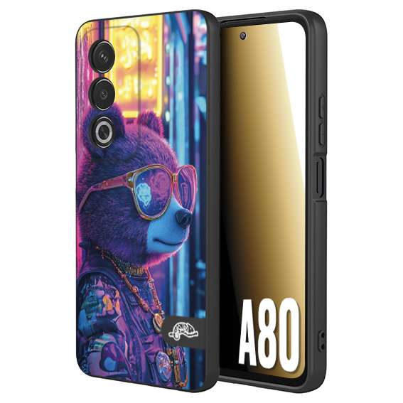 CUSTOMIZZA - Custodia cover nera morbida in tpu compatibile per Oppo A80 animali cyberpunk orsetto orso street bear fucsia blu night